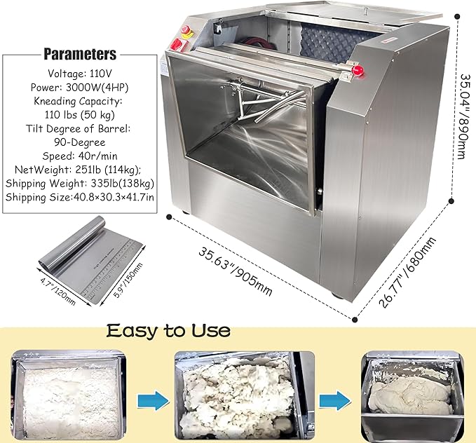 INTSUPERMAI 110V Commercial Dough Mixer Machine 50 KG Kneading Capacity Electric Food Mixer Flour Mixer 3000W/4HP for Dough Mixing Kneading