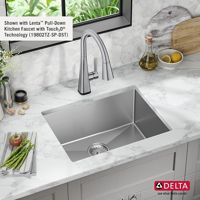 DELTA FAUCET Delta Lenta 23-inch Undermount 16 Gauge Stainless Steel Single Bowl Kitchen Sink with Accessories, 953034-23S-SS, Satin