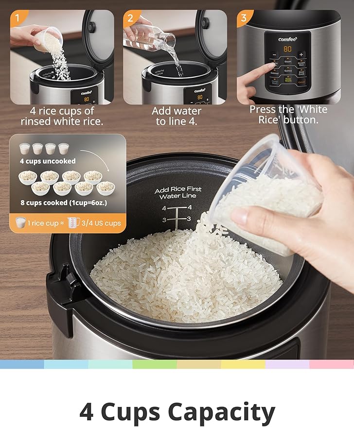 COMFEE' Compact Rice Cooker, 6-in-1 Stainless Steel Multi Cooker, Slow Cooker, Steamer, Saute, and Warmer, 2 QT, 8 Cups Cooked(4 Cups Uncooked), Brown Rice, Quinoa and Oatmeal, 6 One-Touch Programs