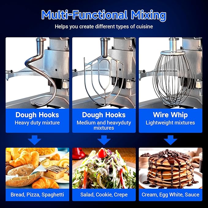 EKway10Qt Commercial Food Mixer with Timing Function,500W Industrial Stand Mixer 3-Speed Adjustable & Stainless Steel Bowl,Heavy Duty Dough Mixer for Bakery Pizzeria. (Standard)