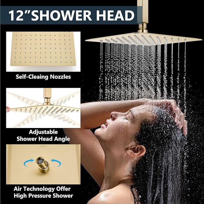 Aolemi Shower Faucet Set Ceiling Mount Shower System Rough-in Valve and Shower Trim Kit 2 in 1 Handheld Spray Push Button Diverter 12 and 6 Inch Dual Shower Head Brushed Gold