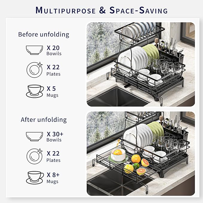 MIKEE 2-Tier Dish Drying Rack for Kitchen Counter, Expandable Rustproof Dish Drainer - Over The Sink Dish Drying Rack with 360° Rotating Drain, Kitchen Utensil Holder, Home and Kitchen Organization