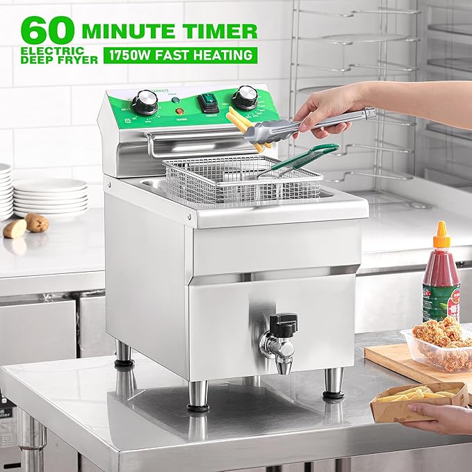 12.7 QT Commercial Fryer Electric Deep Fryer with Basket and Lid,Commercial Deep Fryer with Oil Filtration and Timer, Stainless Steel DEEP FRYER Countertop Fryer for Home Restaurant 110V/1750W