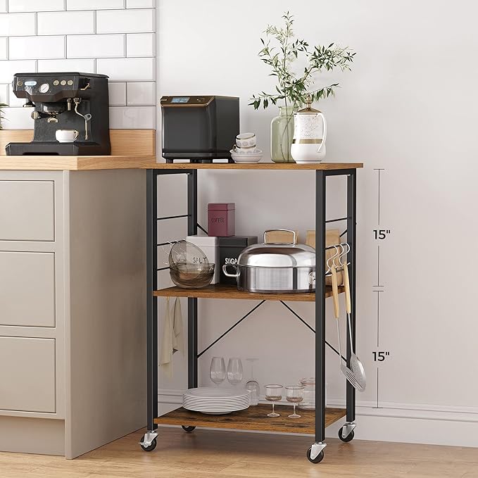 VASAGLE Kitchen Shelf on Wheels, 23.6 Inches Serving Cart with 3 Shelves, Kitchen Cart, Microwave Shelf, for Mini Oven, Toaster, with 6 Hooks, Industrial Style, Rustic Brown and Ink Black UKKS60XV1