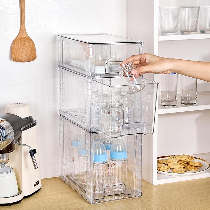 Vtopmart 3 Pack Clear Stackable Storage Drawers,Easy to Assemble Bathroom Organizers and Storage with handles,Plastic Drawers for Kitchen Pantry,Cabinet,Under Sink Organization