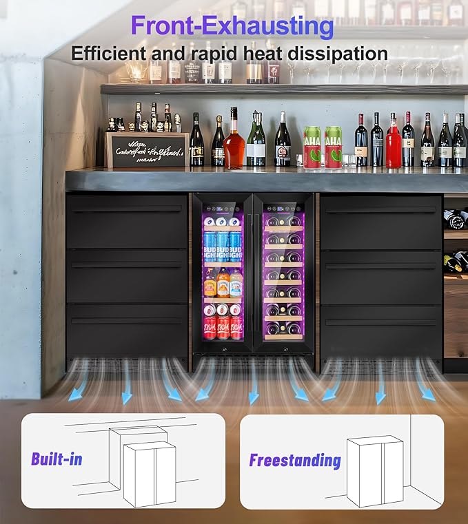 24'' Wine and Beverage Refrigerator, 4.5 Cu. Ft. Dual Zone Wine Fridge with RGB Lights French Door Intelligent Control Advanced Compressor Under Counter Cooler for Outdoor Kitchen Bar Gift Black