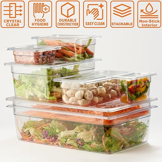 CURTA 6 Pack NSF Food Pans, 1/6 Size 2 1/2 Inch Deep, Commercial Polycarbonate Plastic Clear Freezer-Safe