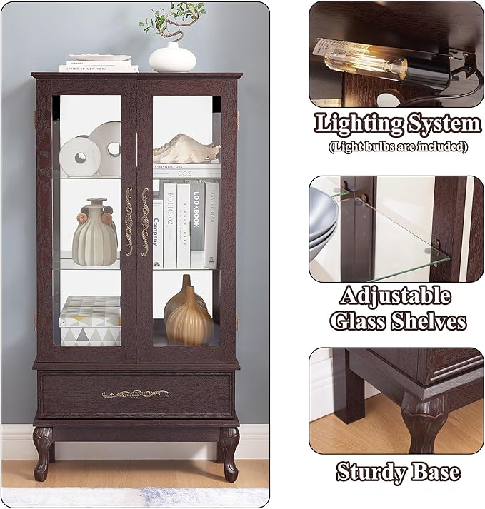 51" H Lighted Curio Cabinet Display Case, Glass Curio Cabinet with Adjustable Shelves,Tempered Glass Door and Drawer, Wooden Cabinets w/Mirrored Back Pane for Living Room (Dark Cherry)
