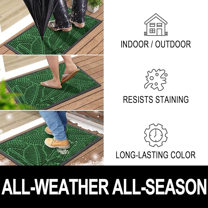 Colorxy Waterproof Doormat, Sturdy Natural Rubber Front Indoor Mat, Non Slip Low Profile Indoor Outdoor Door Mats, Stain and Fade Resistant Floor Mat, Easy Clean Patio Entrance Mat, 36''x24'', Green