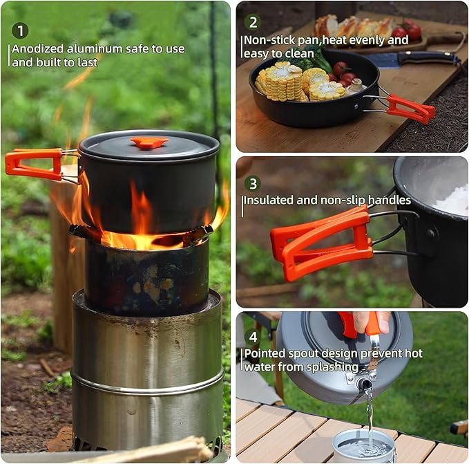 aiGear Camping Cooking Set Cookware Mess Kit with Storage Bag Pot Pan and Teapot Set Camping Accessories for Outdoor Camping Hiking Picnic Portable and Lightweight Aluminum Color Green,Black,Orange