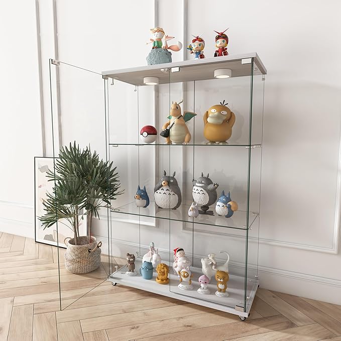 Yoluckea 3-Shelf Glass Display Cabinet with LED Lights, 2-Door Floor Standing Curio Cabinet with Universal Wheel for Home or Office, White Glass Bookshelf for Collections, Decor, and Corner Display