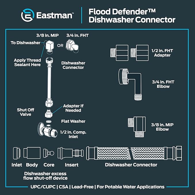 Eastman Flood Defender Dishwasher Installation Kit, 6 Foot Supply Line with Adapters, Auto Shutoff Valve, 3/8 Inch MIP x 3/4 Inch FHT Elbows, 98556