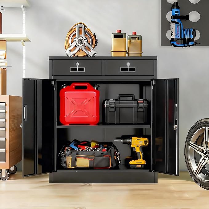BESFUR Metal Storage Cabinet with Doors and Shelves, 36" H Locking Storage Cabinet with 2 Drawers, Black Metal Cabinets for Garage, Office, Home