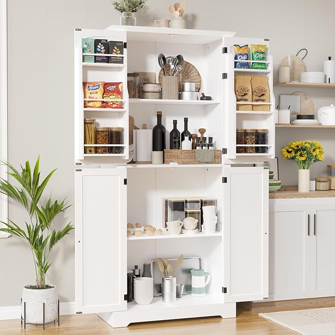 MHOM 71" Tall Pantry Cabinet, Farmhouse Kitchen Storage Cabinet with 6 Hanging Shelves and Adjustable Shelves, Freestanding Cupboard for Kitchen & Dining Room, White