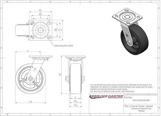 Service Caster Brand Replacement Caster for Uline Caster H-3326S - Swivel Top Plate Caster with 6 Inch Rubber on Metal Wheel - Heavy Duty Replacement Caster - Fits Platform, U-Boat and Trucks H-1191