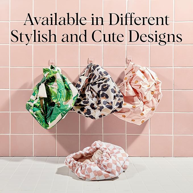 Kitsch Luxury Shower Caps for Women Reusable Waterproof - Flexi Satin Lined, Large Wide Shower Cap for Women & Men, Adjustable, Stylish Hair Cap for Shower, For Long & Short Hair - Terracotta Checker