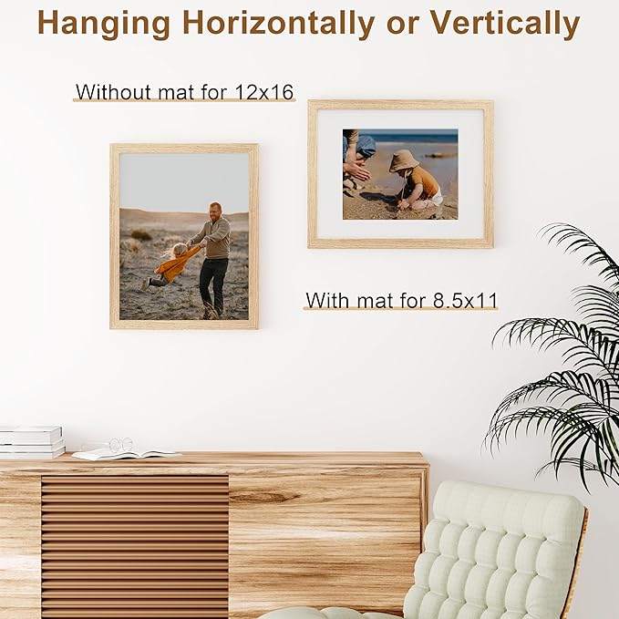 Vittanly 12x16 Picture Frame, Solid Wood Frame with Plexiglass, Includes 8.5x11 Mat, Wall Hanging for Home Decor, Natural, 1 Pack