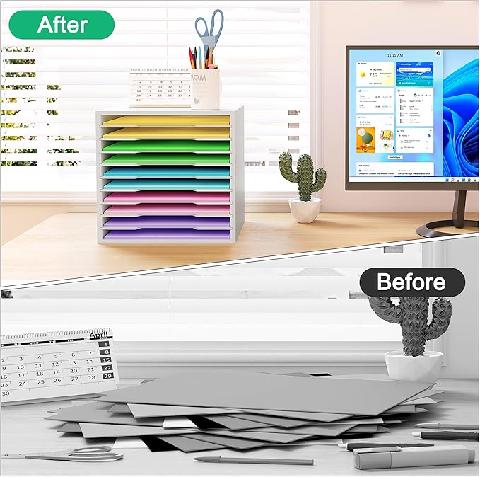 EasyPAG Scrapbook Paper Storage Organizer for Craft Room, 12x12 Paper Storage Desk Shelf, 10 Slot Adjustable File Sorter for Office School Classroom, White