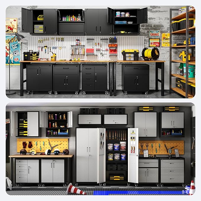 Metal Tool Cabinet,Garage Storage Cabinet System,Wall Cabinet & Locking Rolling Tool Cabinet with Doors and Adjustable Shelves,Steel Tool Cabinets for Home (10 Pcs-StyleA, Black & Grey)