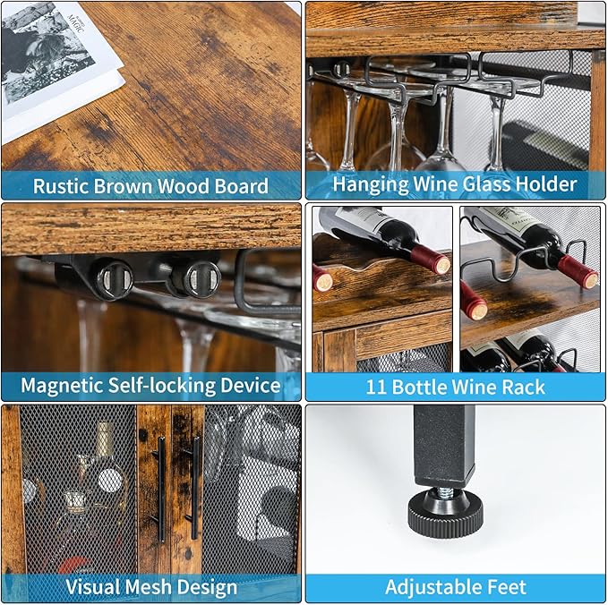 X-cosrack Wine Bar Rack Cabinet with Detachable Wine Rack, Coffee Bar Cabinet with Glass Holder, Small Sideboard and Buffet Cabinet with Mesh Door, Rustic Brown, Large