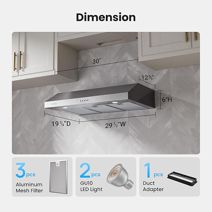Under Cabinet Range Hood 30 Inch, 1200 CFM Dual-Motor Kitchen Vent with LED Lights, Button Control, Ducted Vent Hood, Reusable 5-Layer Aluminum Filters, Stainless Steel