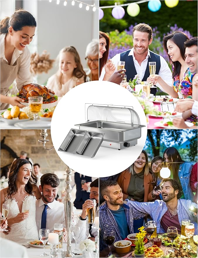 Rectangular Chafing Dish Electric Buffet Set with Temperature Control, 9QT Stainless Steel Food Servers and Warmers with 1 Full-size Pan & 2 Half-size Pan for Catering Wedding and Parties