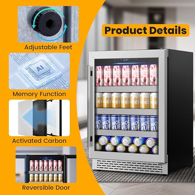24 Inch Beverage Refrigerator,190 Cans Freestanding/Under Counter Beverage Fridge with Glass Door,Air Cooling Wine Beverage Cooler with Reversible Door,Memory Function for Wine,Beer and Soda