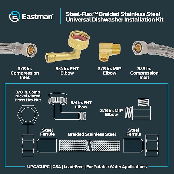 Eastman 10 Ft. Dishwasher Installation Kit, Braided Stainless Steel Supply Line with 3/8 Inch Compression Ends, 41060