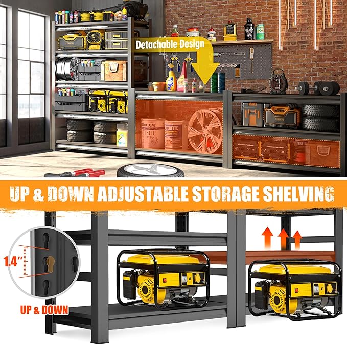 Metal Garage Shelving 5 Tier, 48"W x 73"H x 24"D Heavy Duty Storage Shelves, Easy to Assemble, Adjustable, 3000 lbs Capacity Steel Storage Utility Rack Shelf Unit for Warehouse, Pantry, Office, Black