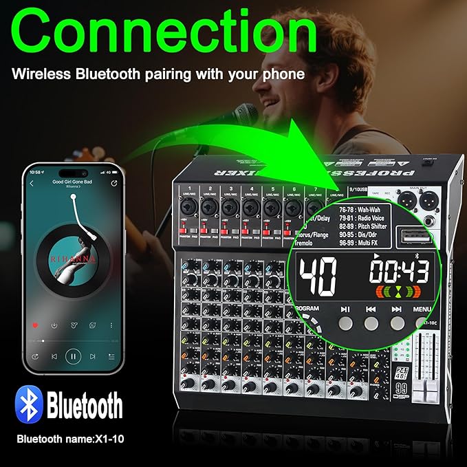 Audio Mixer 10 Channel Professional Sound Mixer Console with 99 DSP Effects, Mixing Board DJ Mixer w/USB, Bluetooth, 48V Power Supply, PAD Button for Recording Karaoke PA Drum Live Music