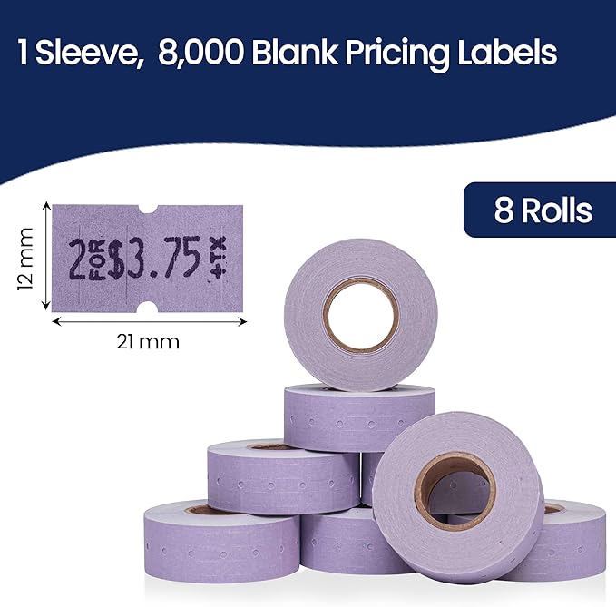 Perco 1 Line Lavender Labels - 8 Rolls, 1 Sleeve, 8,000 Blank Price and Date Gun Labels for Perco 1 Line Price and Date Guns - Made in USA