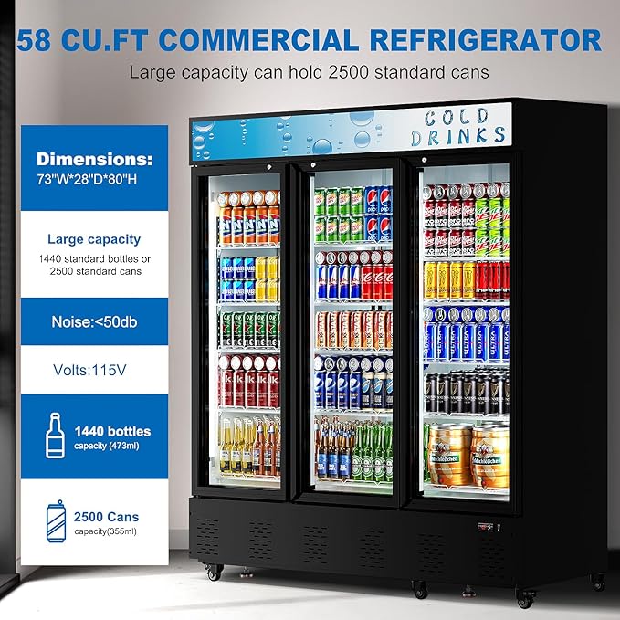 73" Commercial Beverage Refrigerators Glass Door Refrigerator,55 Cu.ft.Upright Display Cooler with Soft LED Light and Adjustable Shelves for Restaurant Grocery Stores Home