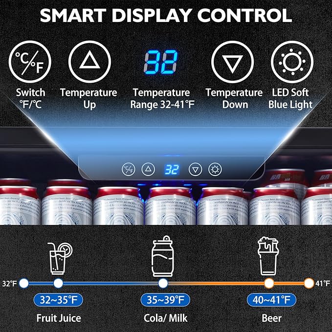 Kalamera Beverage Refrigerator 24 Inch, Under Counter 150 Cans Mini Drinks Fridge with Stainless Steel Door, Beverage Cooler Built-in and Freestanding, 32-40℉ Temperature Range