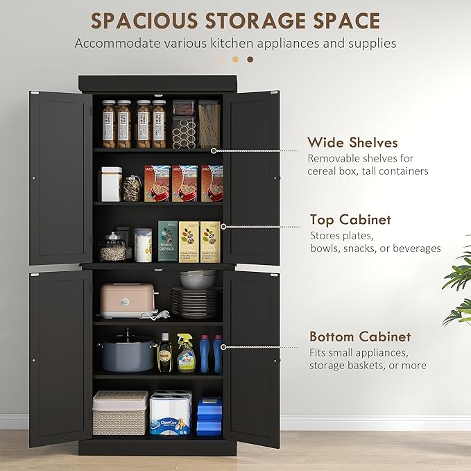 HOMCOM 72.5" Tall Kitchen Pantry Cabinet, Freestanding Modern Farmhouse Kitchen Storage Cabinet with 4 Doors and 2 Adjustable Shelves for Dining Room, Black