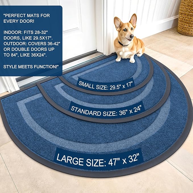 OLANLY Half Circle Door Mat Indoor Outdoor Entrance Welcome, Waterproof All-Season, All-Weather Doormat, Sturdy Natural Rubber, Low Profile, Easy Clean Patio Porch Entryway Mat, 47x32, Light Blue