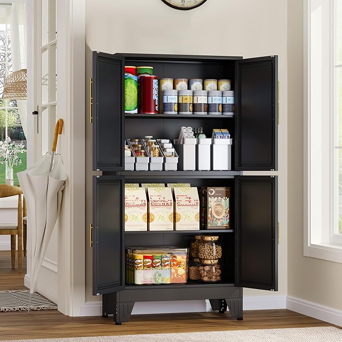 47.25" Metal Storage Cabinet, Black Kitchen Food Storage with 4 Door and 2 Adjustable Shelves, Freestanding Bathroom Cabinet, Pantry for Kitchen Dinning Room, Cupboard