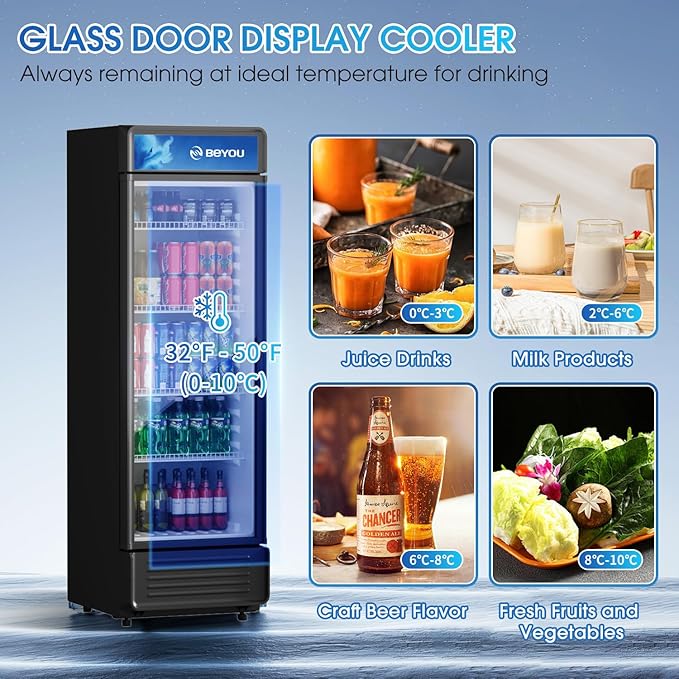 BEYOU Commercial Beverage Refrigerator, 9.7 cu. Ft Upright Dispaly Merchandiser with Single Glass Door, Drink Cooler for Living Room,Bar, Garage（Black）