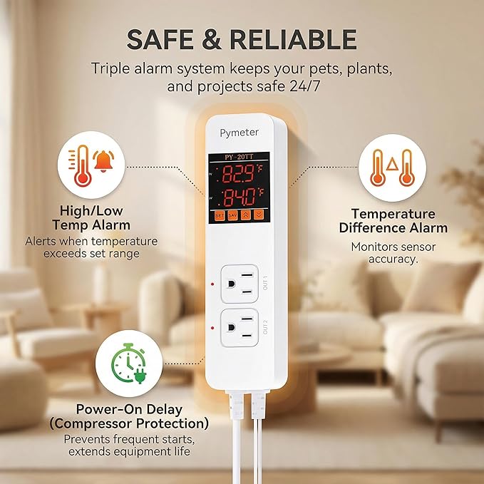 2 in 1 Digital Temperature Controller Dual Outlet Heat Mat Thermostat Reptile Greenhouse Heater Home Brewing Freezer Cooling Heating Pad Control 16A 1920W
