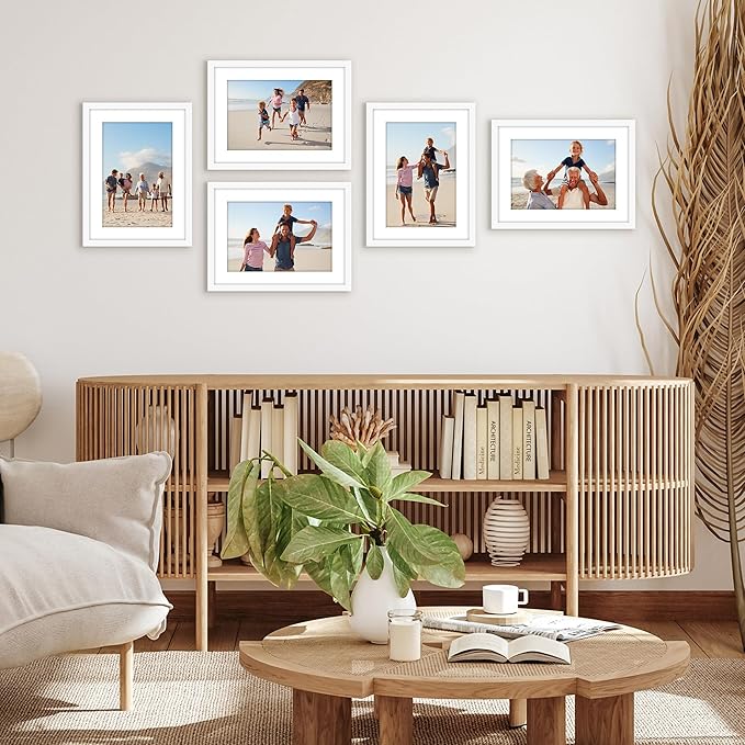 Americanflat 11x15 Picture Frame with Polished Plexiglass - Set of 5 - Use as 8x12 Frame with Mat or Display 11x15 Photo Without Mat - Galleria Collection - Picture Frames for Wall Display - White
