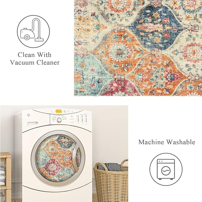 Lahome Kitchen Rugs Non Slip Washable Rugs for Entryway, 2x4 Rug Non-Slip Moroccan Trellis Ultra-Thin Indoor Door Mat Small Carpet for Bathroom Bedroom Entry, Cream/Multi