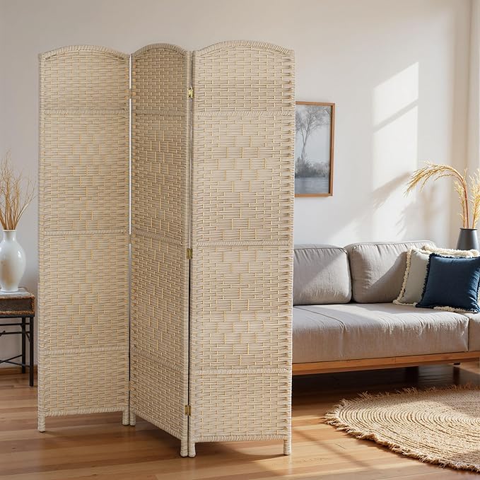 HOMCOM 3 Panel Room Divider, 6' Tall Folding Privacy Screen, Woven Freestanding Wall Partition for Home Office, Bedroom, Washed Oak