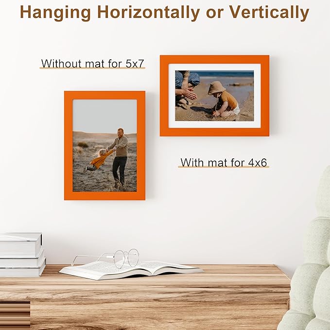 Vittanly 5x7 Picture Frame, Solid Wood Frame with Plexiglass, Includes 4x6 Mat, Wall Hanging or Tabletop for Home Decor, Orange, 1 Pack