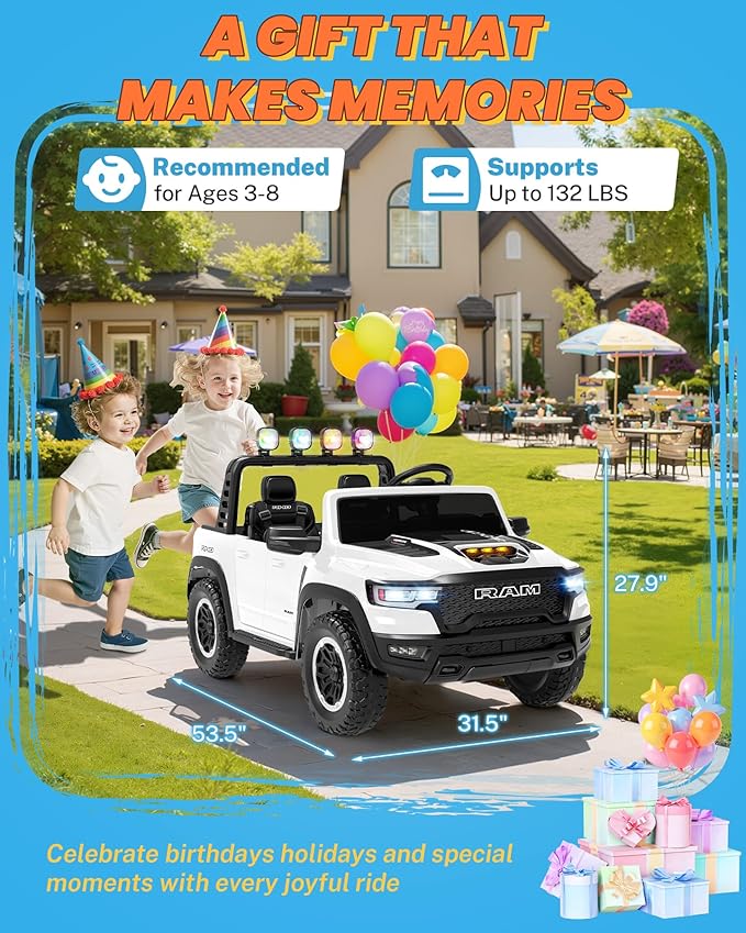 ENYOPRO 24V 2 Seater Ride on Car for Kids, Licensed RAM 1500 RHO Ride on Truck w/Remote Control, Toddlers Electric Car w/LED Lights, Bluetooth, Soft Start, 4-Wheel Suspension, Rear Cargo Bed (White)