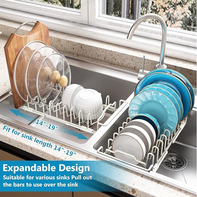 Sink Dish Drying Rack - Expandable Over Sink (15"-20" Fit), Diatomaceous Earth Tray for No-Drain Drying! Compact Dish Drainer for Small Kitchens, Apartments & RVs (White)