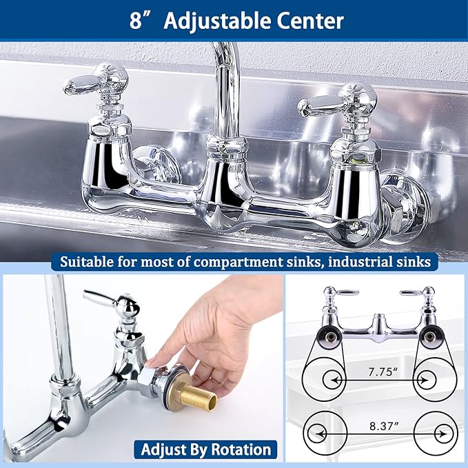 Commercial Sink Faucet with Sprayer, Wall Mount, 12' Swing Spout, 8 Adjustable Center, 25' Height for Restaurant Compartment Sink, Industrial, Chrome