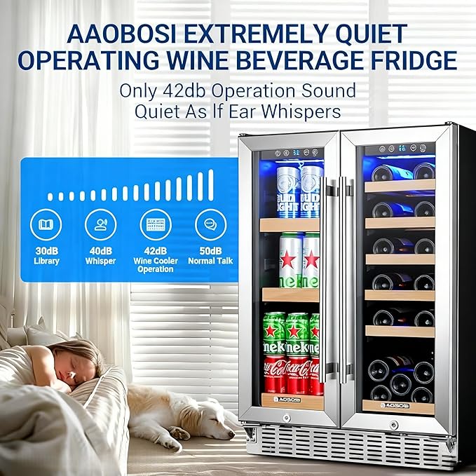 AAOBOSI Upgraded 88 Cans Dual Zone Wine and Beverage Cooler,Built-in and Freestanding,Removable Fashion Wooden Frame,Intelligent Digital Temperatrue Control,Low Noise,Dual Zone 24 Inch 19 Bottles