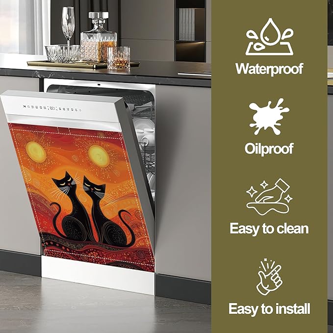 Black Cat Magnetic Dishwasher Cover,Ethnic Sun Dishwasher Covers for The Front Magnetic Dishwasher Panel Decal Cover for Kitchen 23x26inch