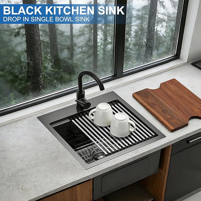 Scamall 18x18x10 Drop In Kitchen Sink Workstation, Nano Black 304 Stainless Steel Deep Single Bowl with Quick Drainage & Tarnish-Free Surface for Bar, Laundry, RV, Includes Accessories