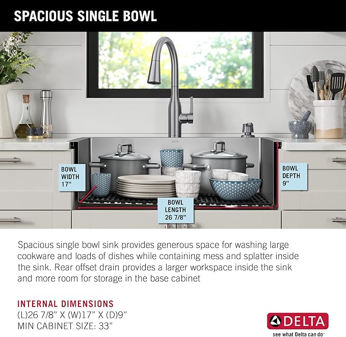 DELTA FAUCET Delta Marca 30 inch Drop-In Undermount Stainless Steel Single Bowl Kitchen Sink with Accessories