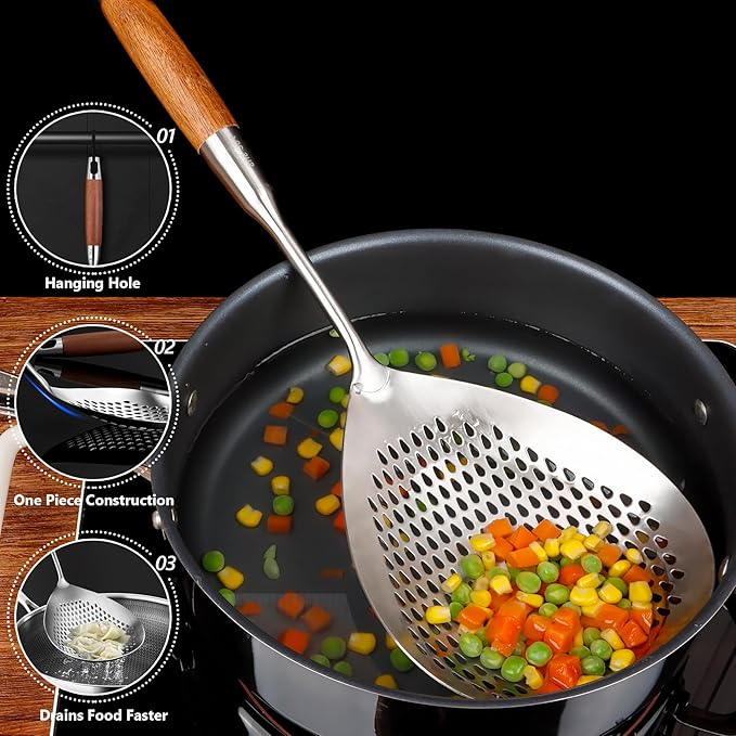 Skimmer Slotted Spoon, 304 Stainless Steel Spider Strainer Skimmer Ladle Spoon for Cooking and Frying, Pasta Strainer Spoon, 5.8 Inch